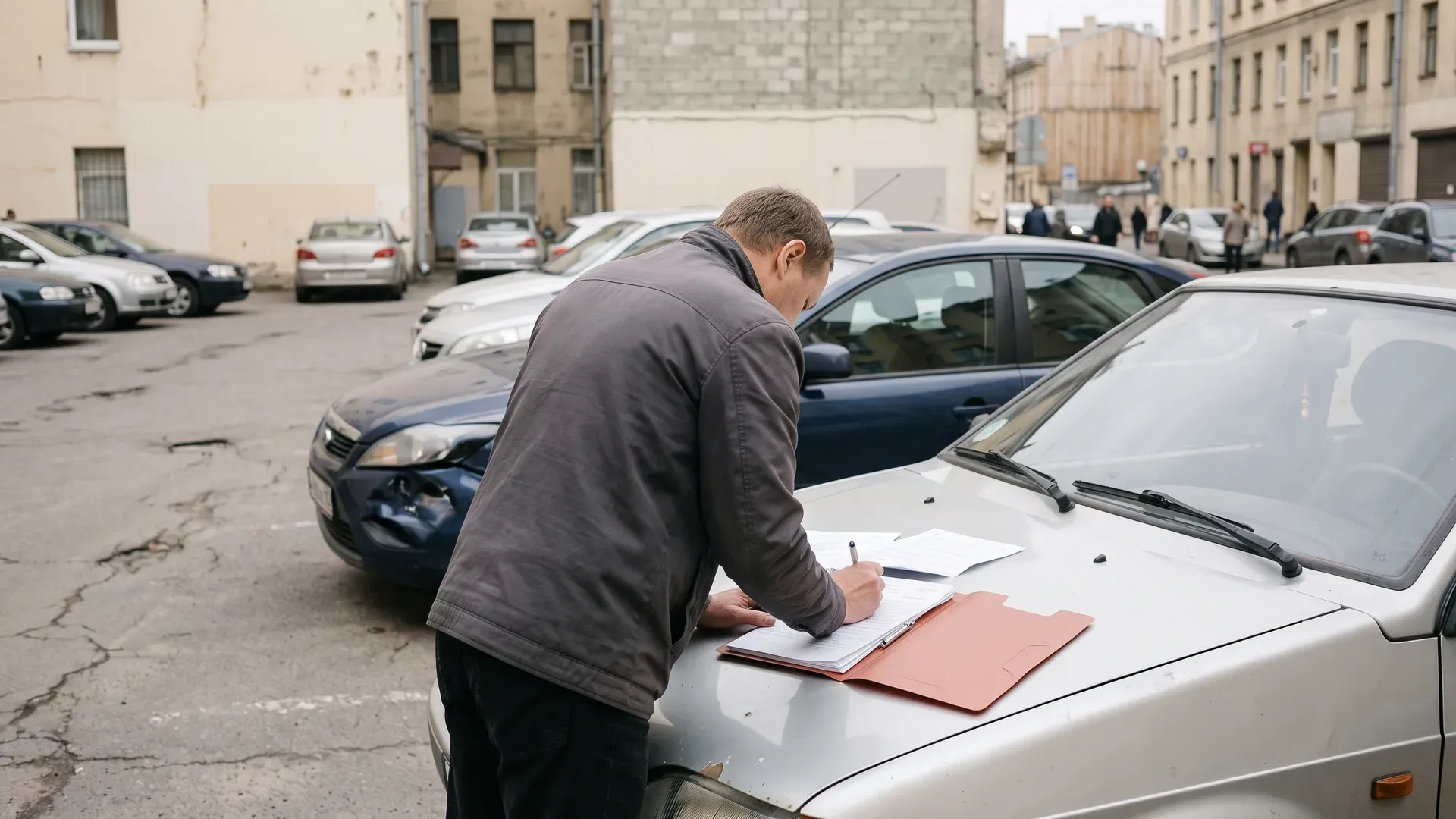мужчина на парковые подписывает документы на капоте авто