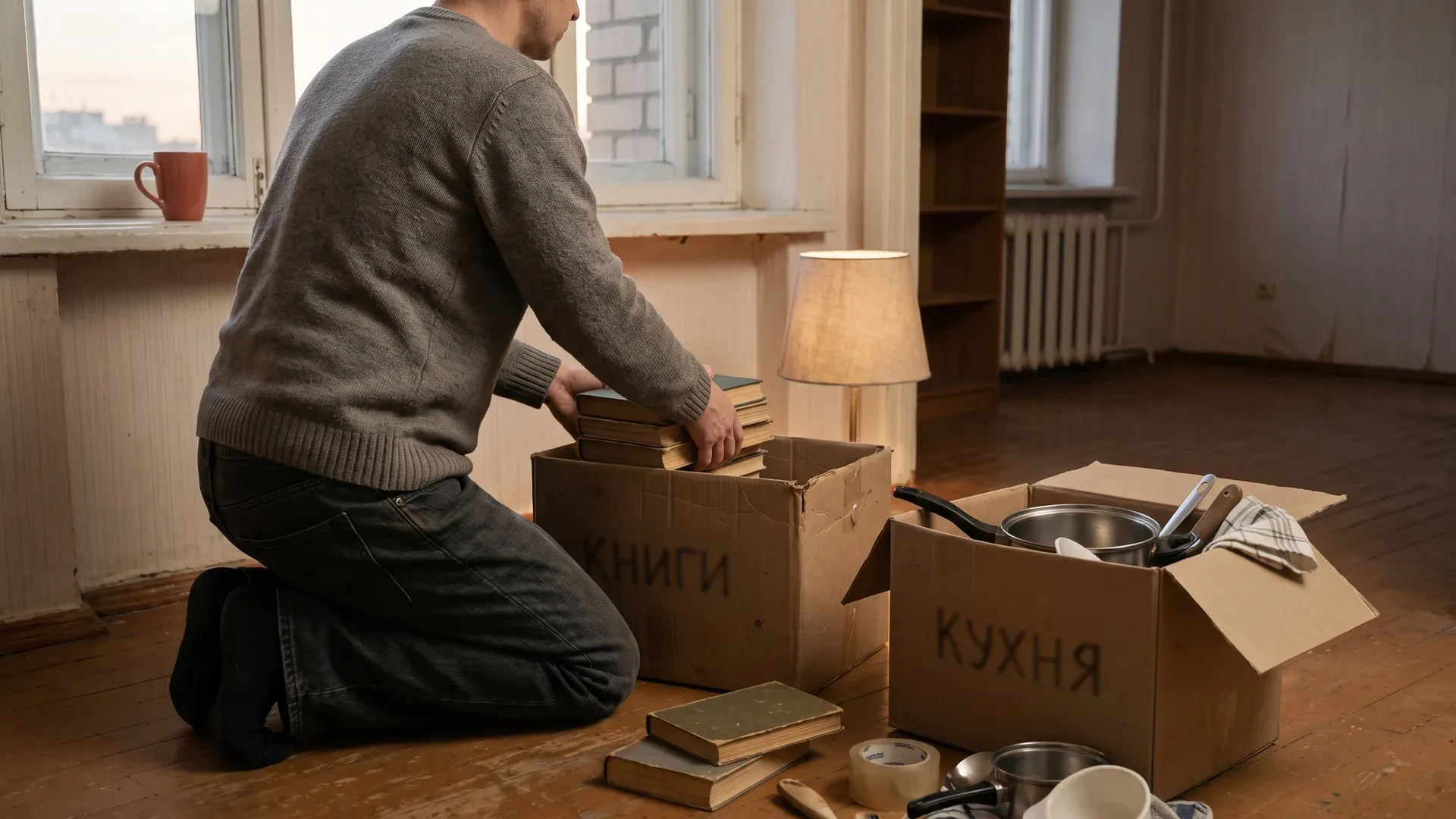 мужчина в комнате, кладет вещи в коробки